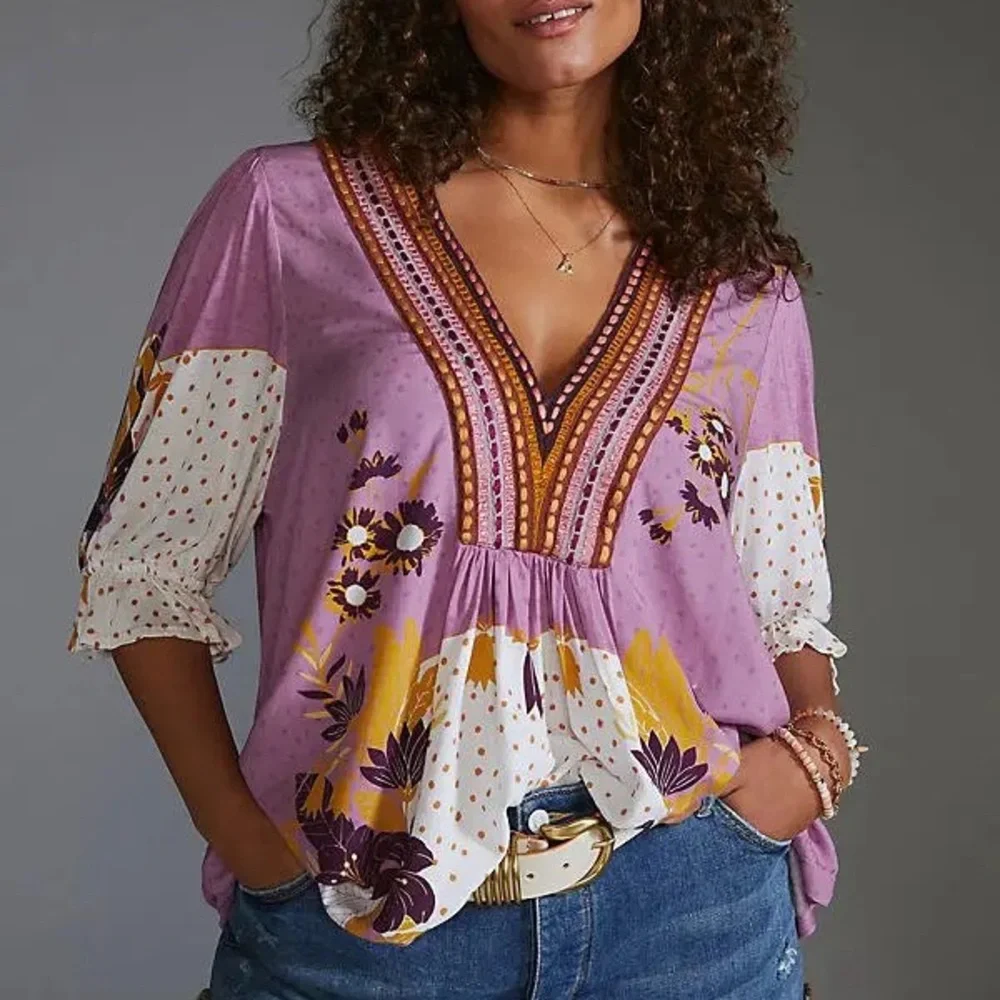 Anthropologie Blnk Stephanie Purple Gold Floral Long Sleeve Top NWT!, Size M - Picture 2 of 10